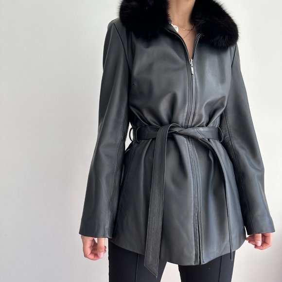 Vintage 100% genuine leather longline belted jacket w fur hood - Picture 3 of 8